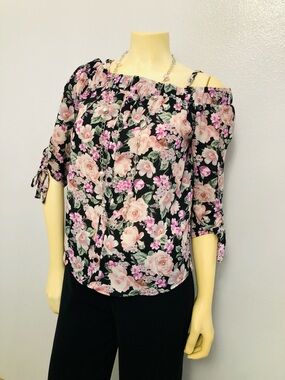 by & by Black Floral Off-Shoulder Top with Pink Blooms